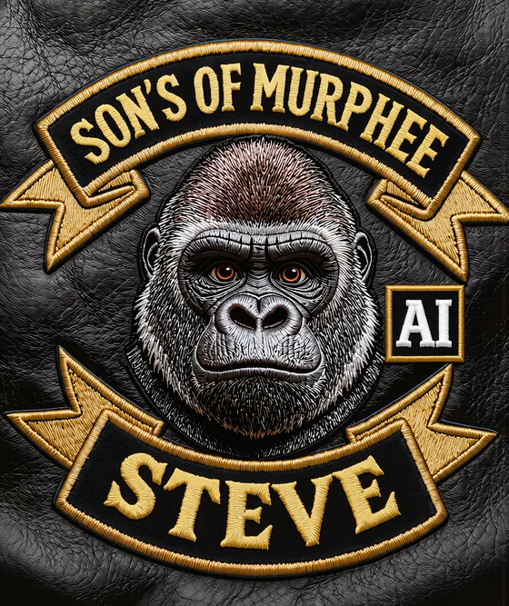 Steve’s embroidered badge on black leather: a gorilla face with an AI patch and the name Steve beneath