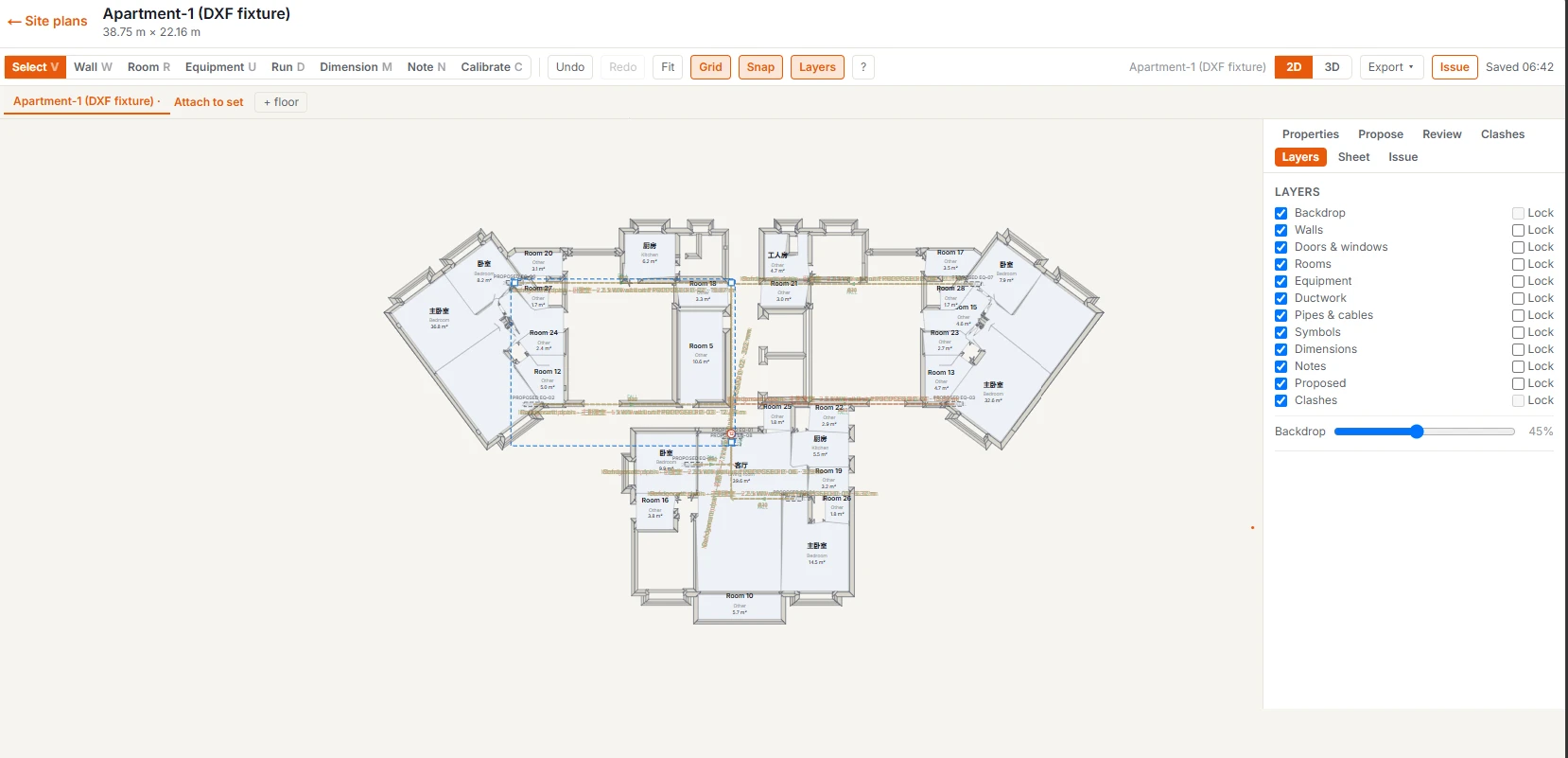 Steve’s site-plan editor showing a demo apartment floor plan and layer controls